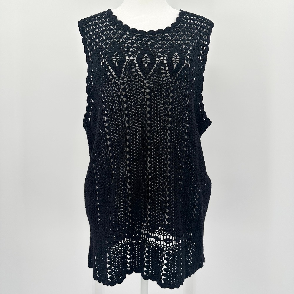 Saks Fifth Avenue Black Crochet Open Knit Sleeveless Longline Tank Top XL NEW